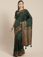 Bottle Green Zari Woven Embellished Saree - inddus-us