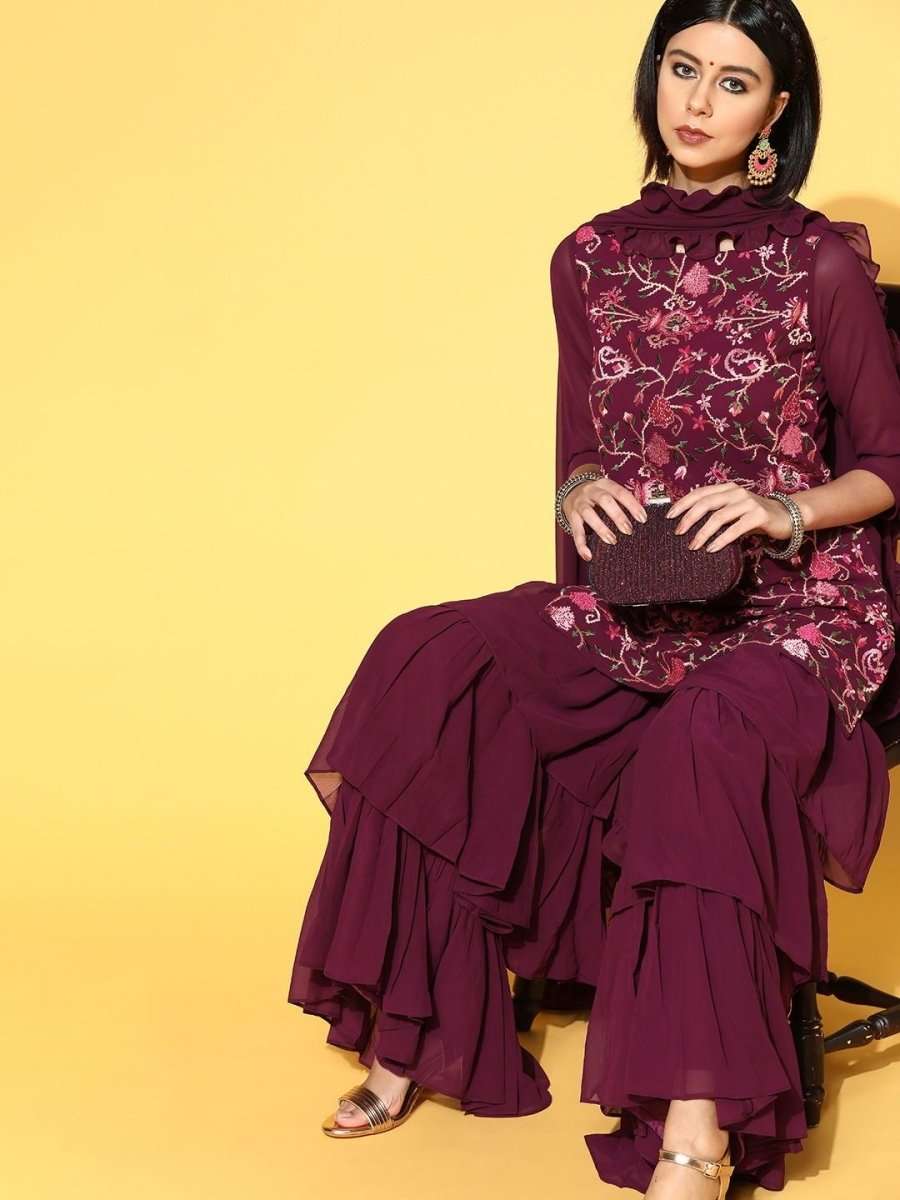 breathtaking purple poly georgette embroidered kurta set