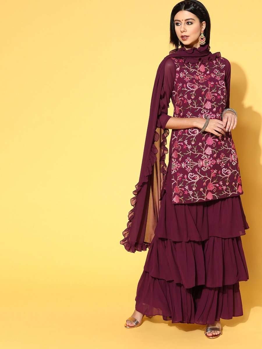 breathtaking purple poly georgette embroidered kurta set