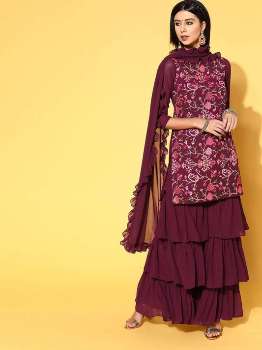 breathtaking purple poly georgette embroidered kurta set