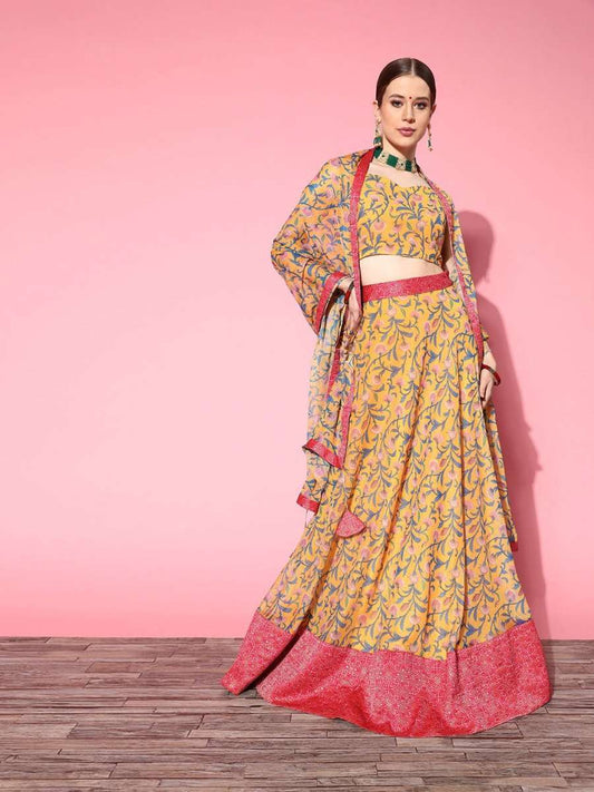Bright Mustard Printed Semi-stitched Lehenga Choli With Dupatta - Inddus.com