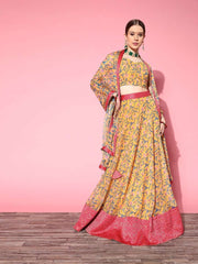 Bright Mustard Printed Semi-stitched Lehenga Choli With Dupatta - Inddus.com