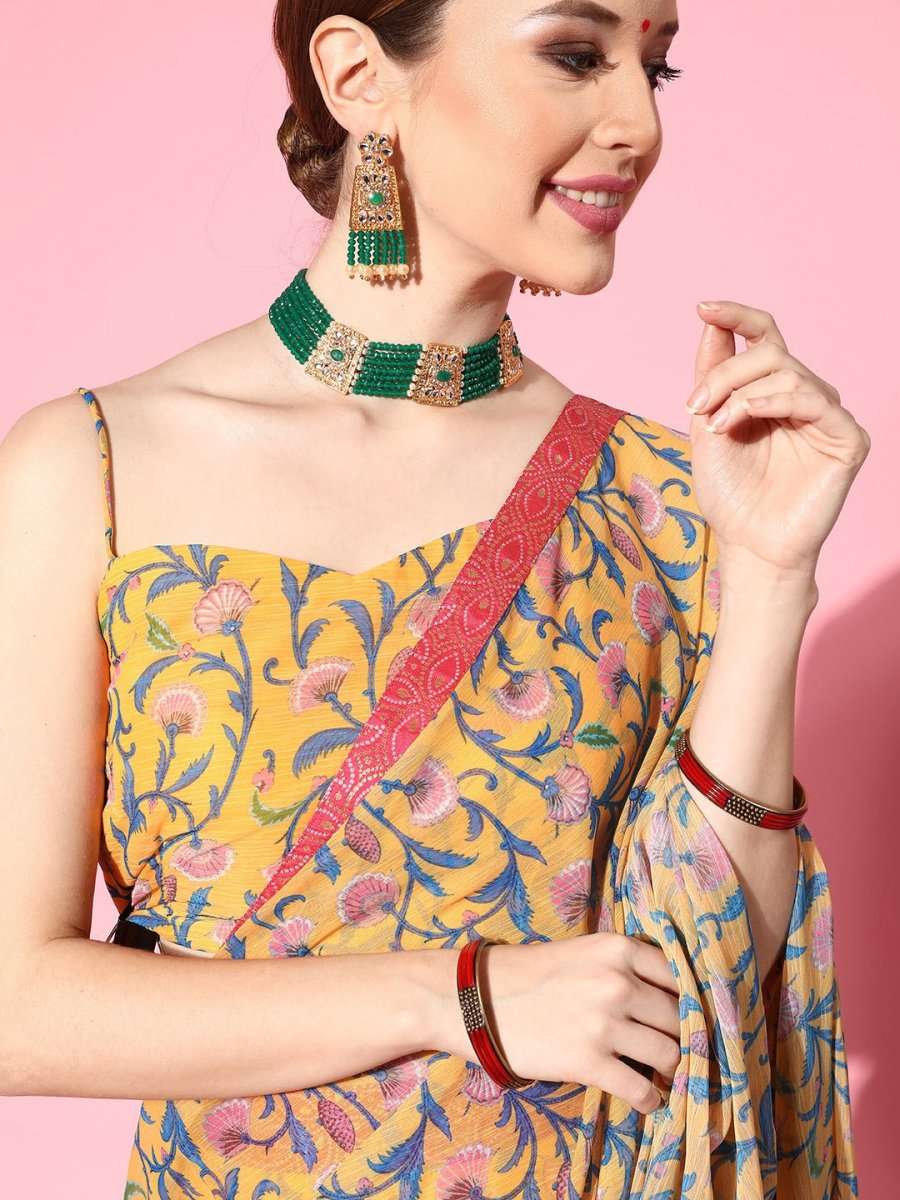 Bright Mustard Printed Semi-stitched Lehenga Choli With Dupatta - Inddus.com