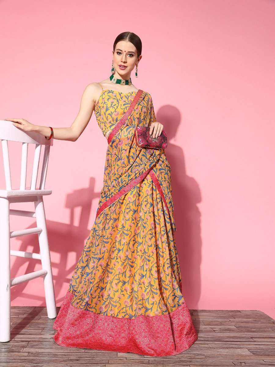 Bright Mustard Printed Semi-stitched Lehenga Choli With Dupatta - Inddus.com
