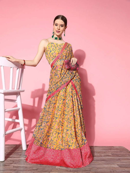 Bright Mustard Printed Semi-stitched Lehenga Choli With Dupatta - Inddus.com