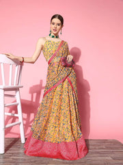 Bright Mustard Printed Semi-stitched Lehenga Choli With Dupatta - Inddus.com