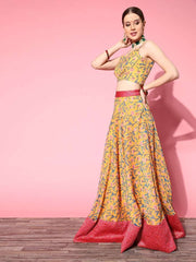 Bright Mustard Printed Semi-stitched Lehenga Choli With Dupatta - Inddus.com
