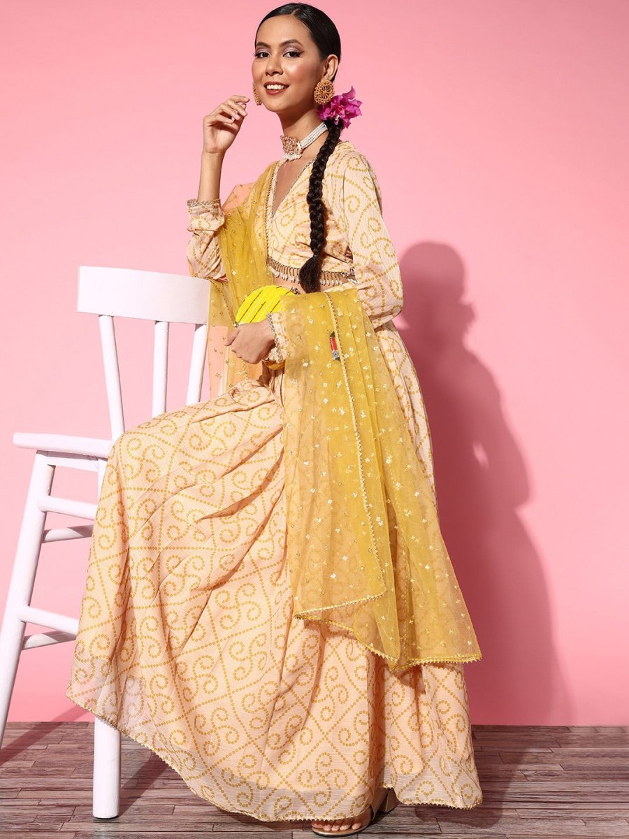 Bright Yellow Printed Semi-stitched Lehenga Choli With Dupatta - Inddus.com