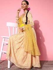 Bright Yellow Printed Semi-stitched Lehenga Choli With Dupatta - Inddus.com