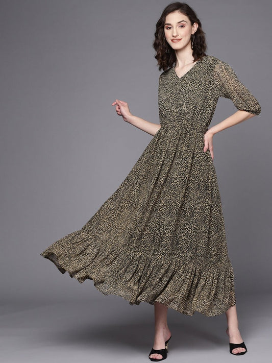 Brown & Black Animal Print Maxi Dress - Inddus.com