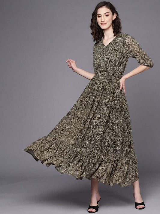 Brown & Black Animal Print Maxi Dress - Inddus.com