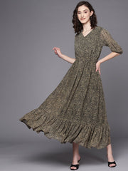 Brown & Black Animal Print Maxi Dress - Inddus.com