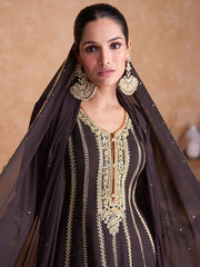 Brown Embroidered Partywear Palazzo Suit - Inddus.com