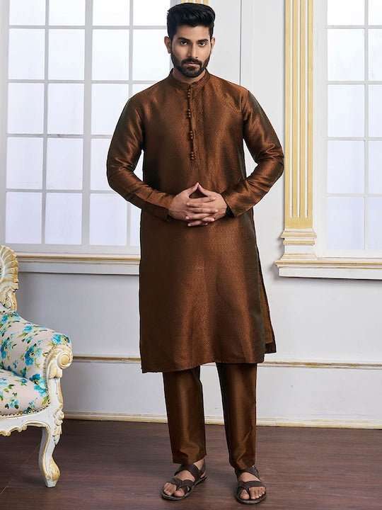 Brown Ethnic Motifs Woven Design Mandarin Collar Regular Kurta With Pyjamas - Inddus.com