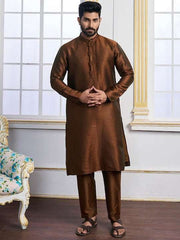 Brown Ethnic Motifs Woven Design Mandarin Collar Regular Kurta With Pyjamas - Inddus.com