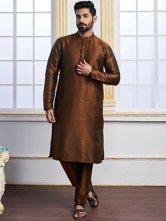 Brown Ethnic Motifs Woven Design Mandarin Collar Regular Kurta With Pyjamas - Inddus.com