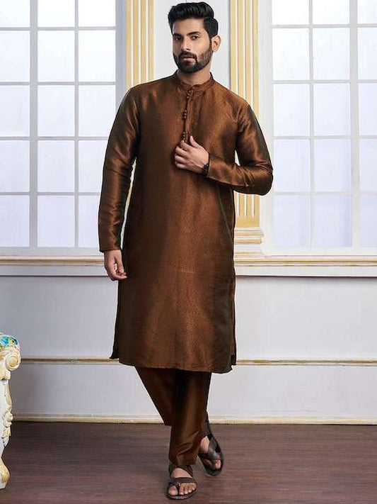 Brown Ethnic Motifs Woven Design Mandarin Collar Regular Kurta With Pyjamas - Inddus.com
