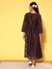 Brown Ethnic Motifs Zari Midi Dress - Inddus.com