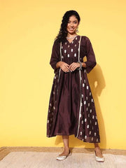 Brown Ethnic Motifs Zari Midi Dress - Inddus.com