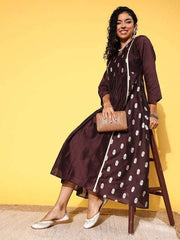 Brown Ethnic Motifs Zari Midi Dress - Inddus.com