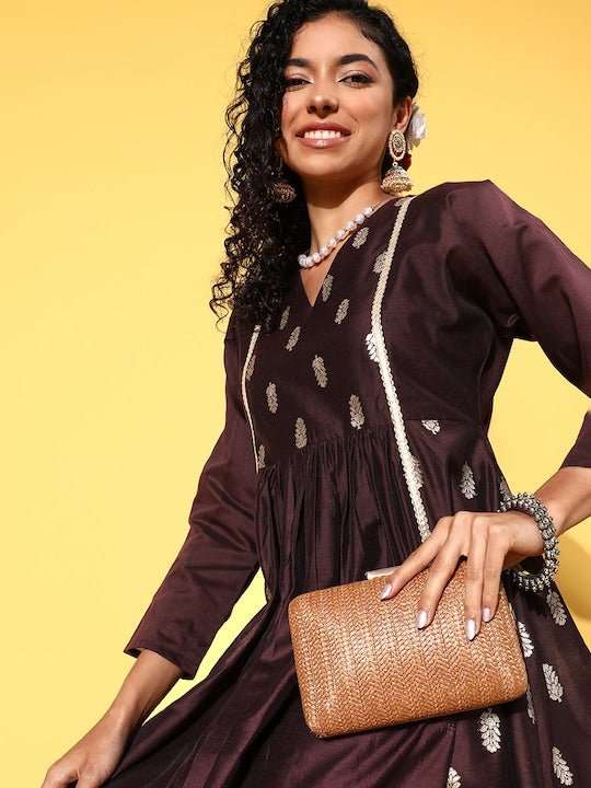 Brown Ethnic Motifs Zari Midi Dress - Inddus.com