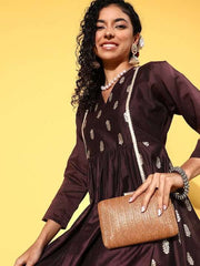 Brown Ethnic Motifs Zari Midi Dress - Inddus.com