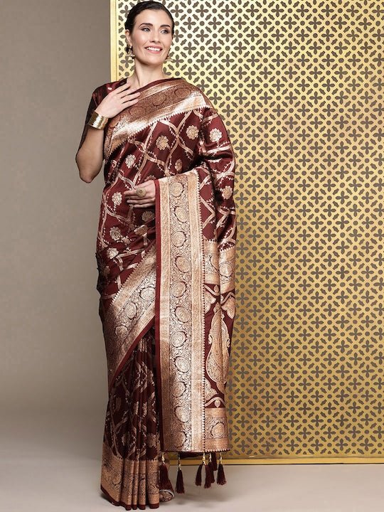 Brown Ethnic Motifs Zari Satin Banarasi Saree - Inddus.com