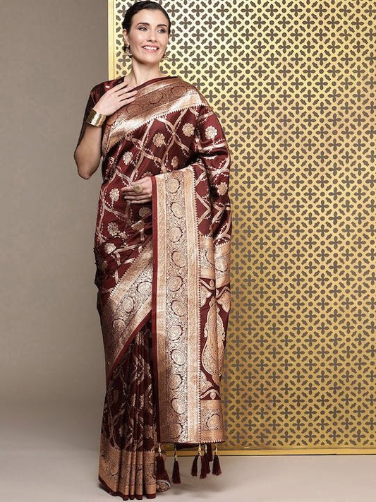 Brown Ethnic Motifs Zari Satin Banarasi Saree - Inddus.com