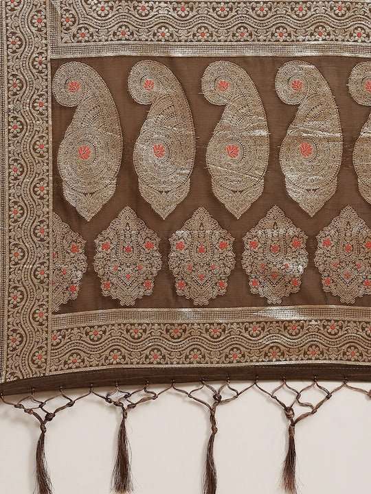 Brown & Golden Woven Design Silk Blend Banarasi Saree - Inddus.com