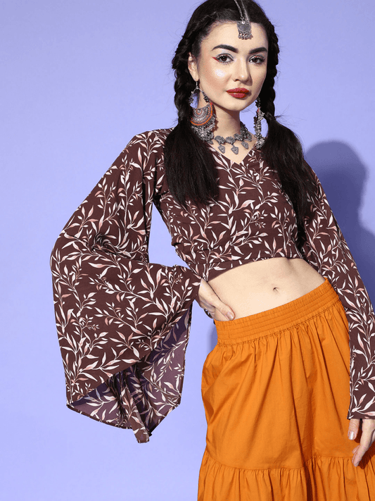Brown Polyester Printed Crop Top - Inddus.com