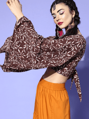 Brown Polyester Printed Crop Top - Inddus.com