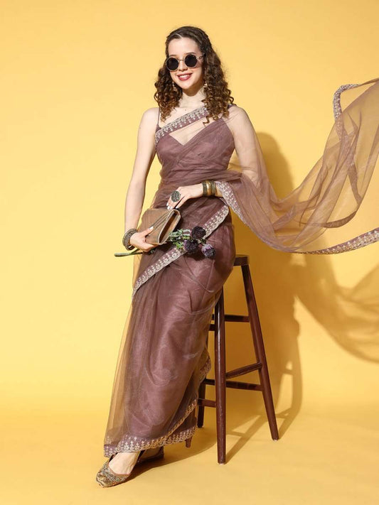 Brown Saree with Embroidered border - Inddus.com