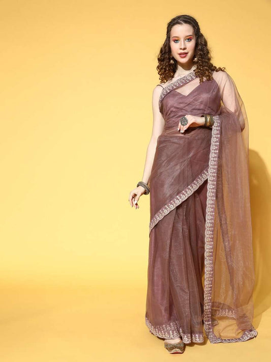 Brown Saree with Embroidered border - Inddus.com