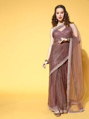 Brown Saree with Embroidered border - Inddus.com