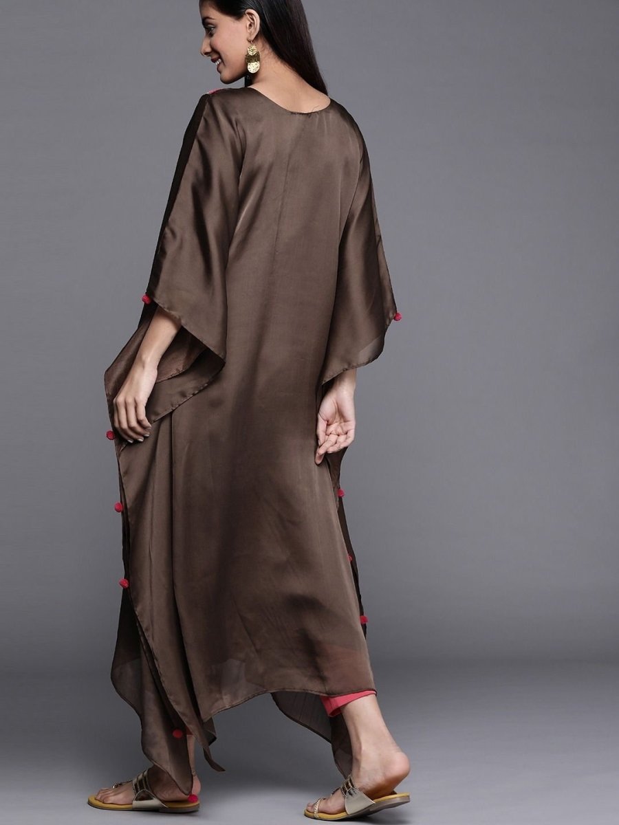 Brown Satin Georgette Thread Work Kurta - inddus-us