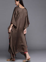 Brown Satin Georgette Thread Work Kurta - inddus-us