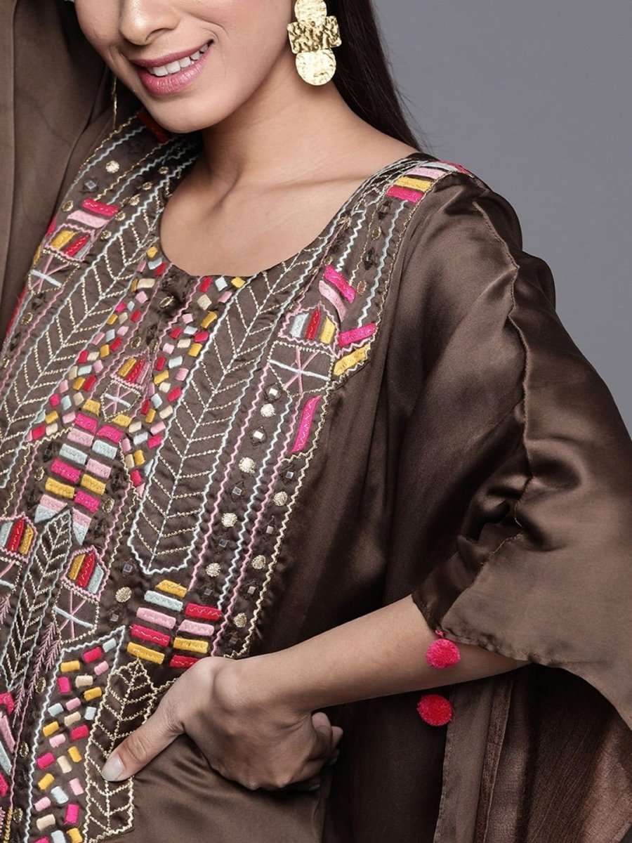 Brown Satin Georgette Thread Work Kurta - inddus-us
