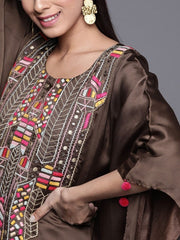 Brown Satin Georgette Thread Work Kurta - inddus-us