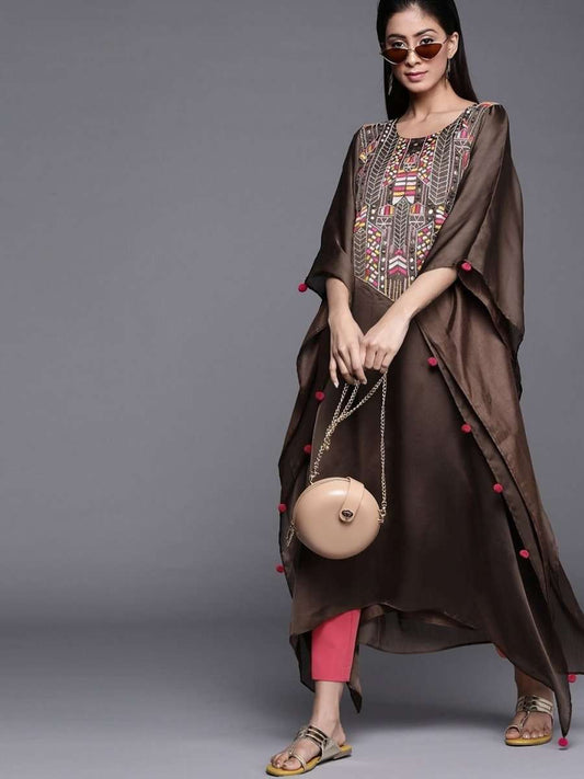 Brown Satin Georgette Thread Work Kurta - inddus-us