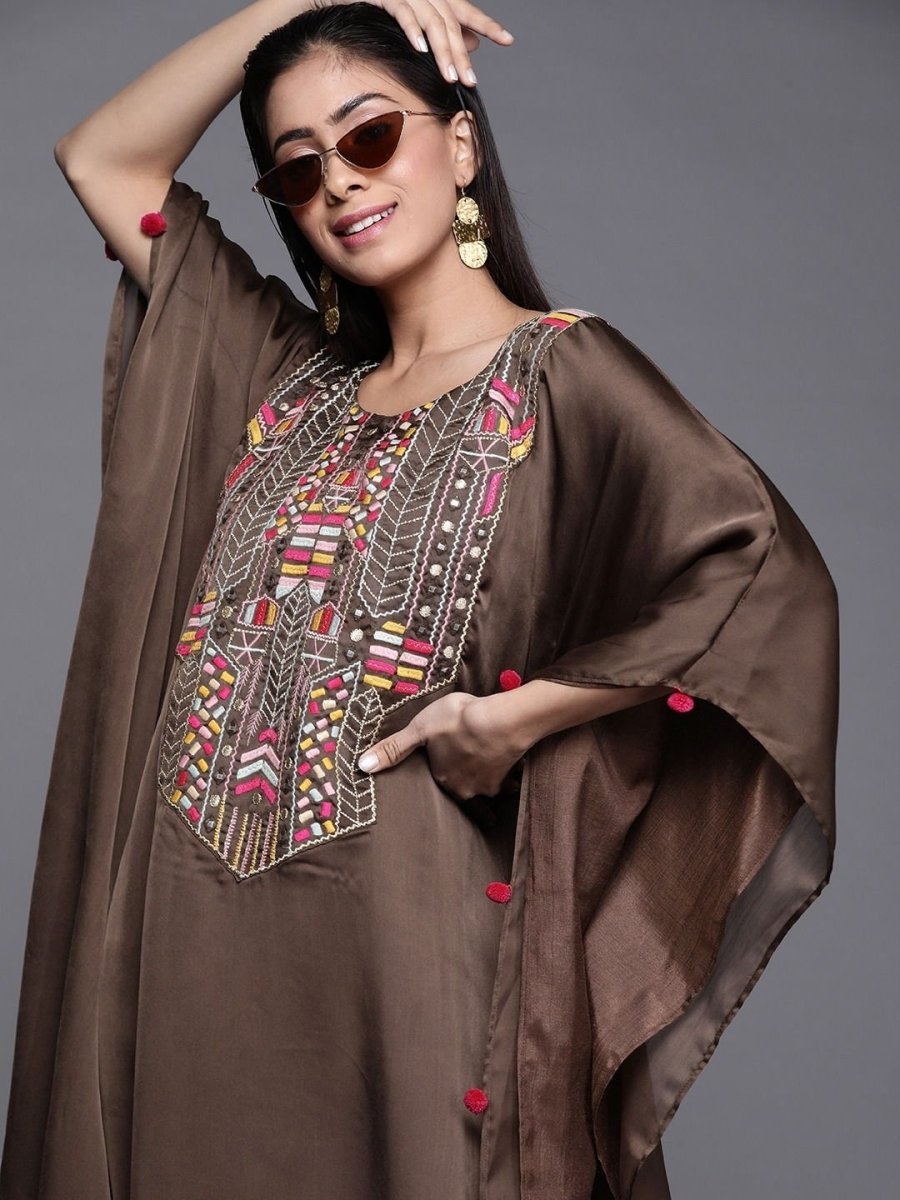 Brown Satin Georgette Thread Work Kurta - inddus-us