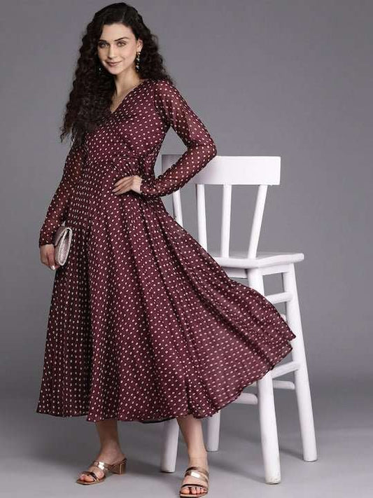 Burgundy & Beige Bandhani Printed Chanderi Cotton Wrap Midi Dress - Inddus.com