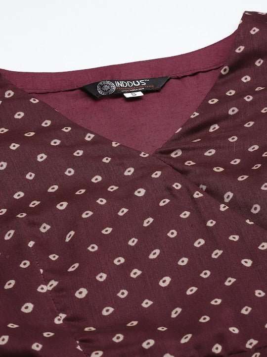 Burgundy & Beige Bandhani Printed Chanderi Cotton Wrap Midi Dress - Inddus.com