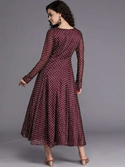 Burgundy & Beige Bandhani Printed Chanderi Cotton Wrap Midi Dress - Inddus.com