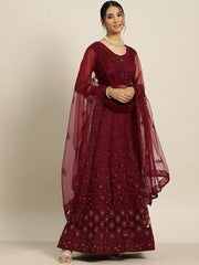 Burgundy Embroidered Beads and Stones Semi-Stitched Lehenga & Unstitched Blouse With Dupatta - Inddus.com