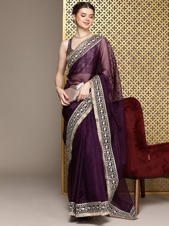 Burgundy Embroidered Organza Saree - Inddus.com