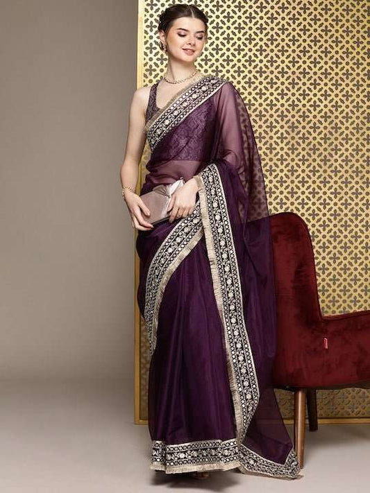 Burgundy Embroidered Organza Saree - Inddus.com
