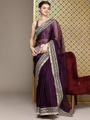 Burgundy Embroidered Organza Saree - Inddus.com