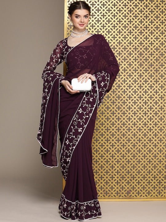 Burgundy Embroidered Saree - Inddus.com