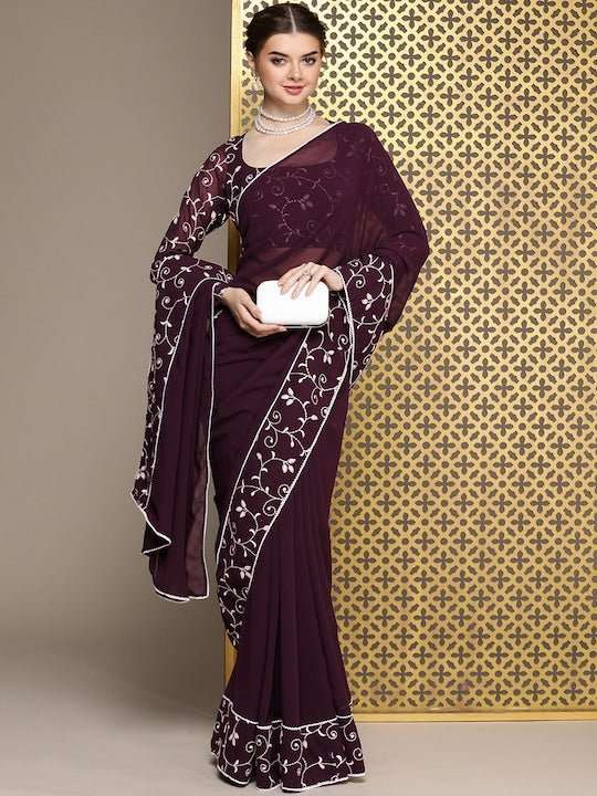 Burgundy Embroidered Saree - Inddus.com