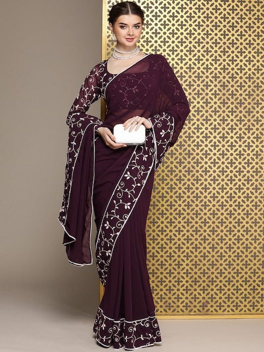 Burgundy Embroidered Saree - Inddus.com